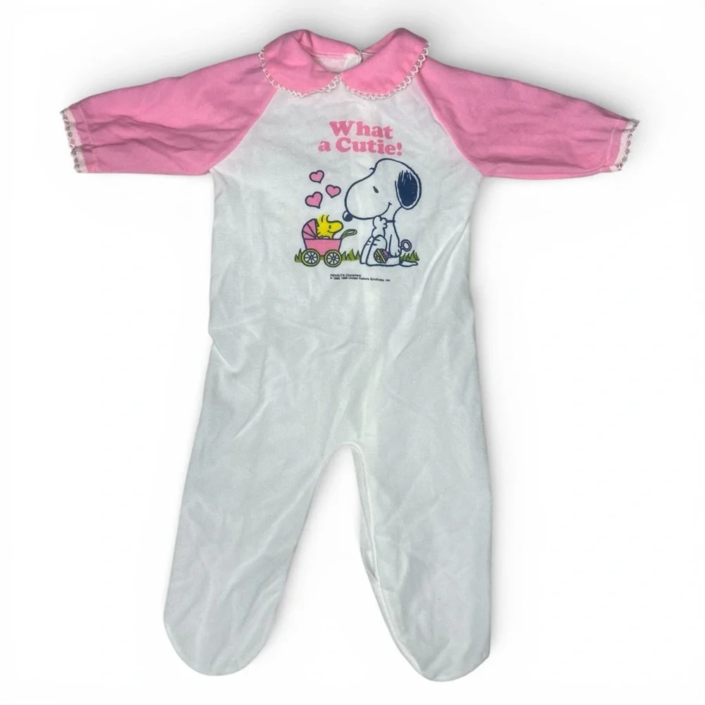 Vintage Snoopy Baby Sleeper Pink What a Cutie 3–6M Footed Pajamas USA